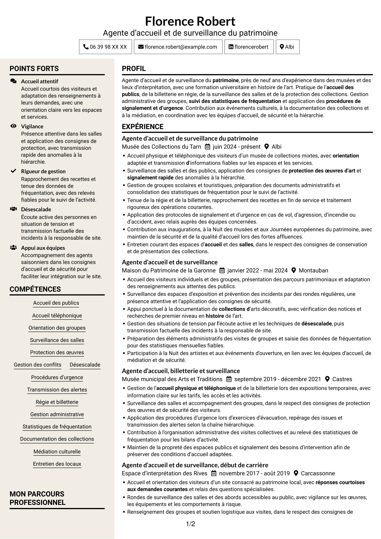 CV Fonceur (format à deux colonnes avec en-tête centré sans photo) : Agent d’accueil et de surveillance du patrimoine, page 1