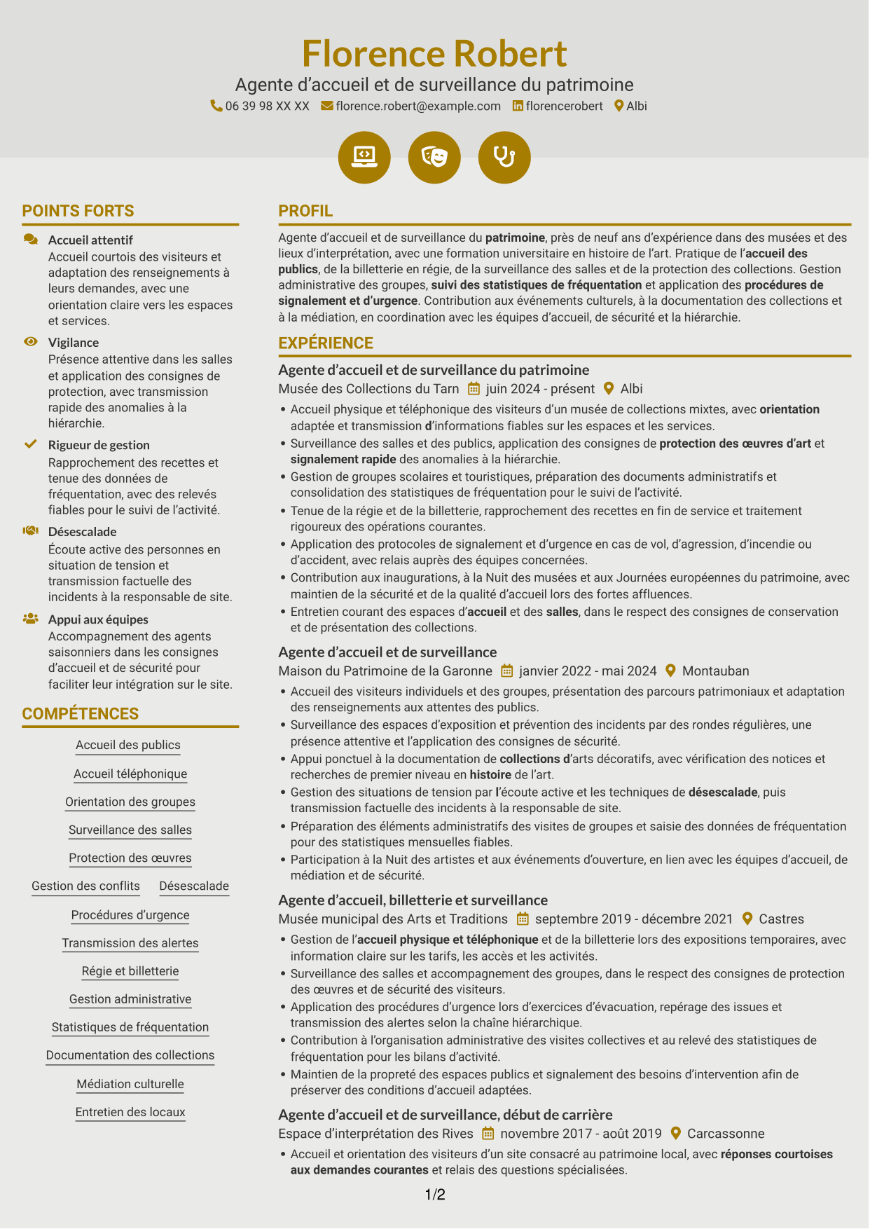 CV Dynamique (format à deux colonnes avec icônes) : Agent d’accueil et de surveillance du patrimoine, page 1