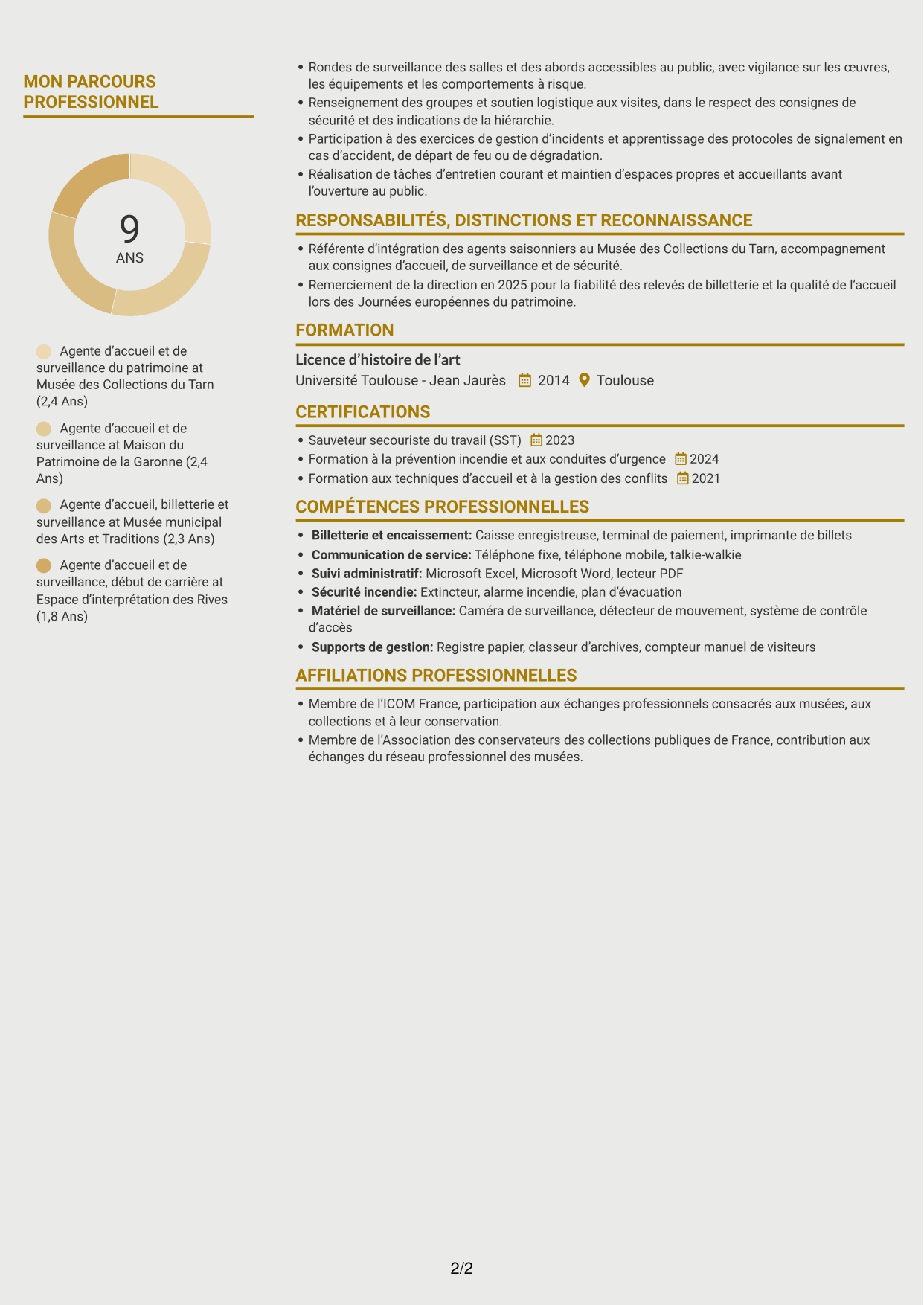 CV Dynamique (format à deux colonnes avec icônes) : Agent d’accueil et de surveillance du patrimoine, page 2