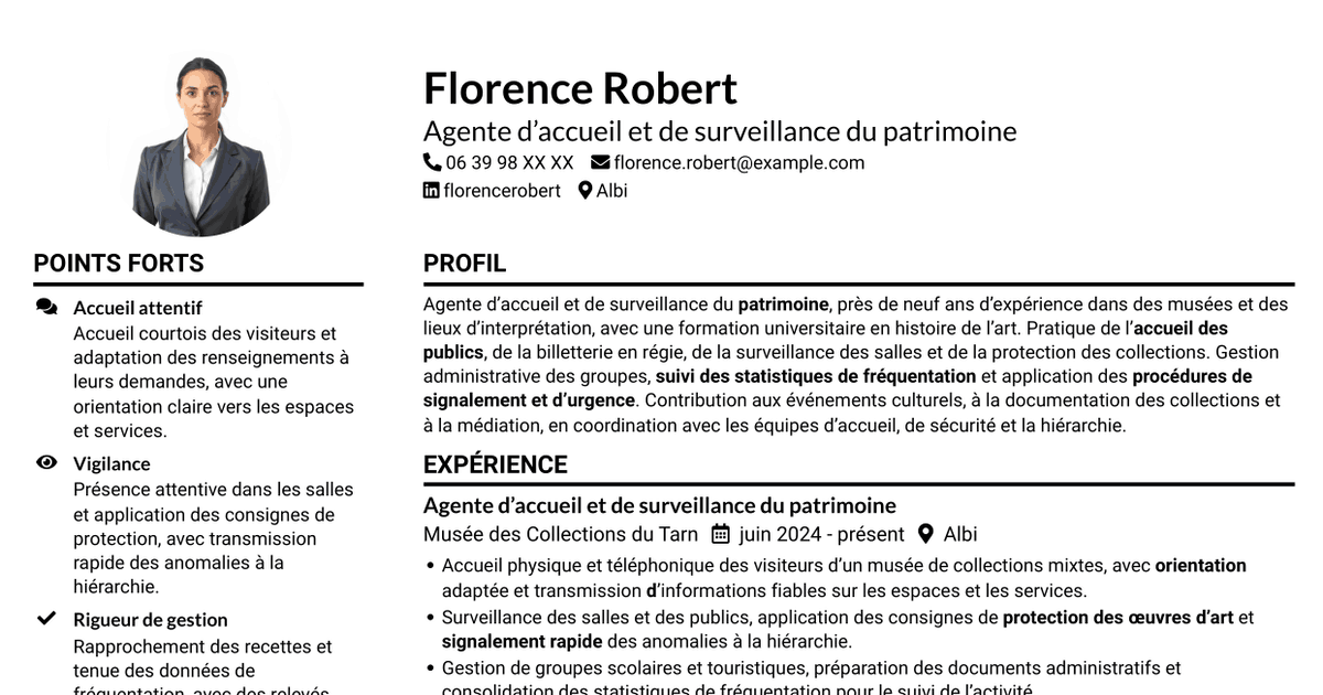 7 modèles de CV pour Agent d’accueil et de surveillance du patrimoine, avec exemples