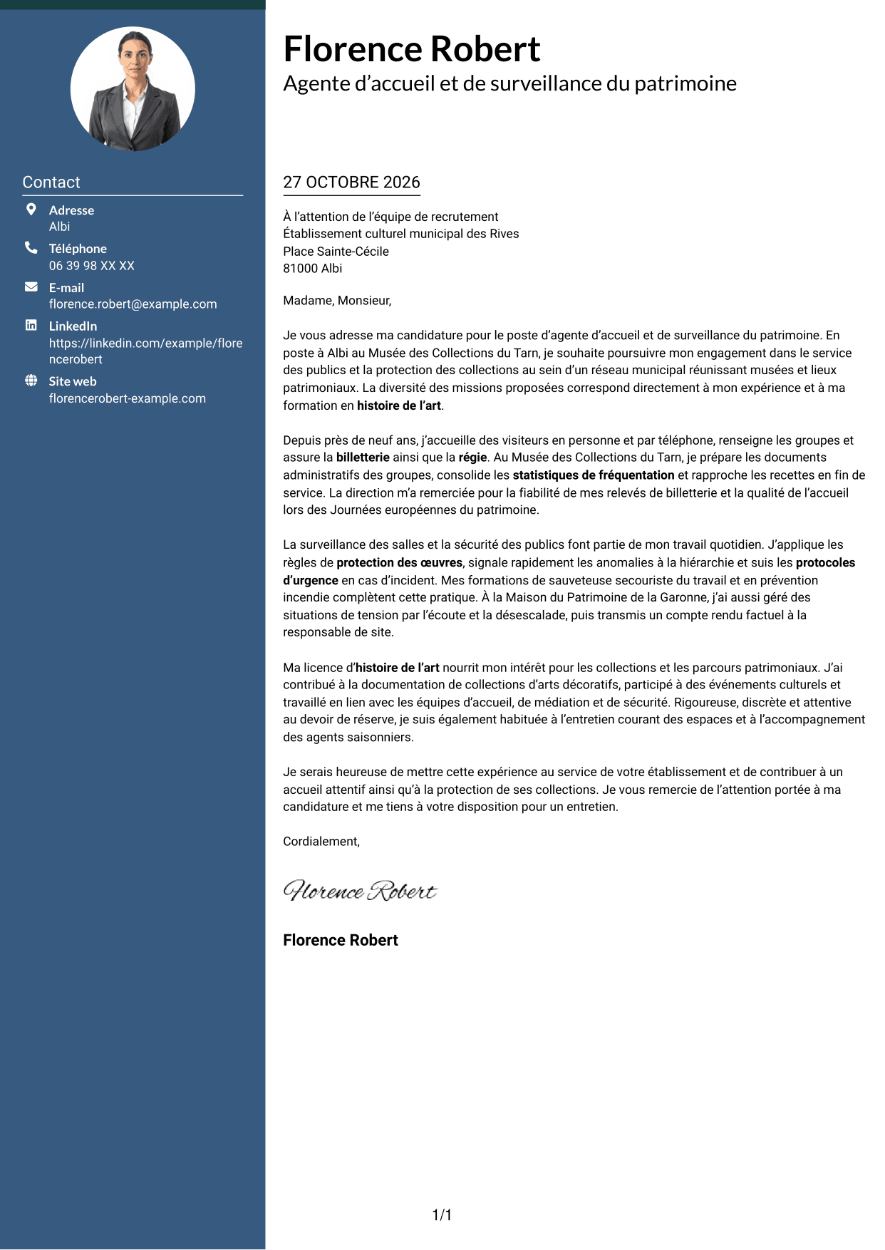 Lettre de motivation Élégant (format à colonne latérale colorée avec photo) : Agent d’accueil et de surveillance du patrimoine, page 1