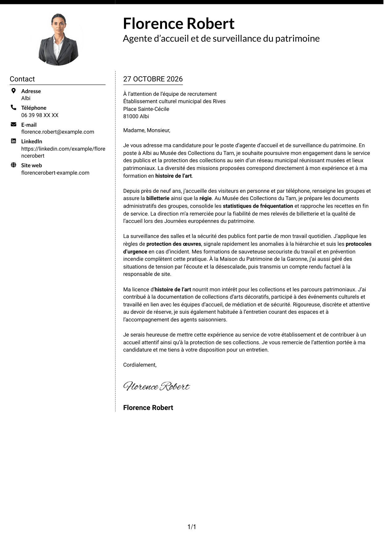 Lettre de motivation Moderne (format à deux colonnes avec photo à gauche et séparateur) : Agent d’accueil et de surveillance du patrimoine, page 1