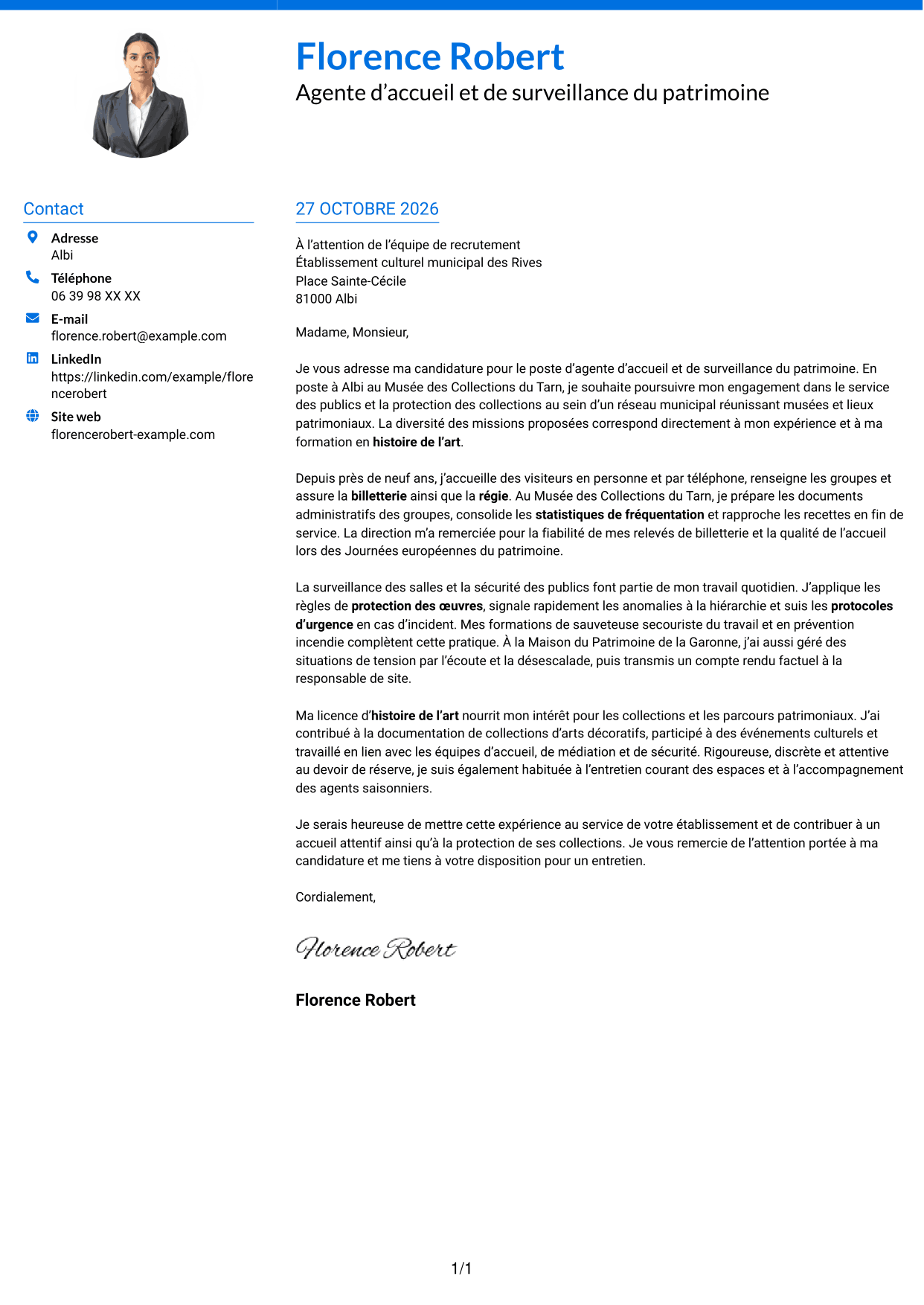 Lettre de motivation Audacieux (format à deux colonnes avec accents colorés et photo) : Agent d’accueil et de surveillance du patrimoine, page 1