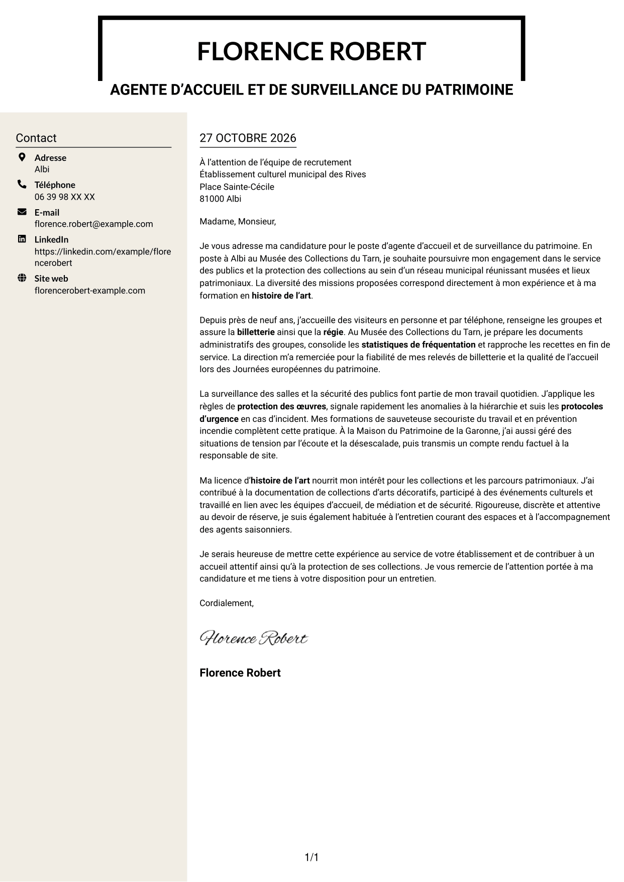 Lettre de motivation Fonceur (format à deux colonnes avec en-tête centré sans photo) : Agent d’accueil et de surveillance du patrimoine, page 1