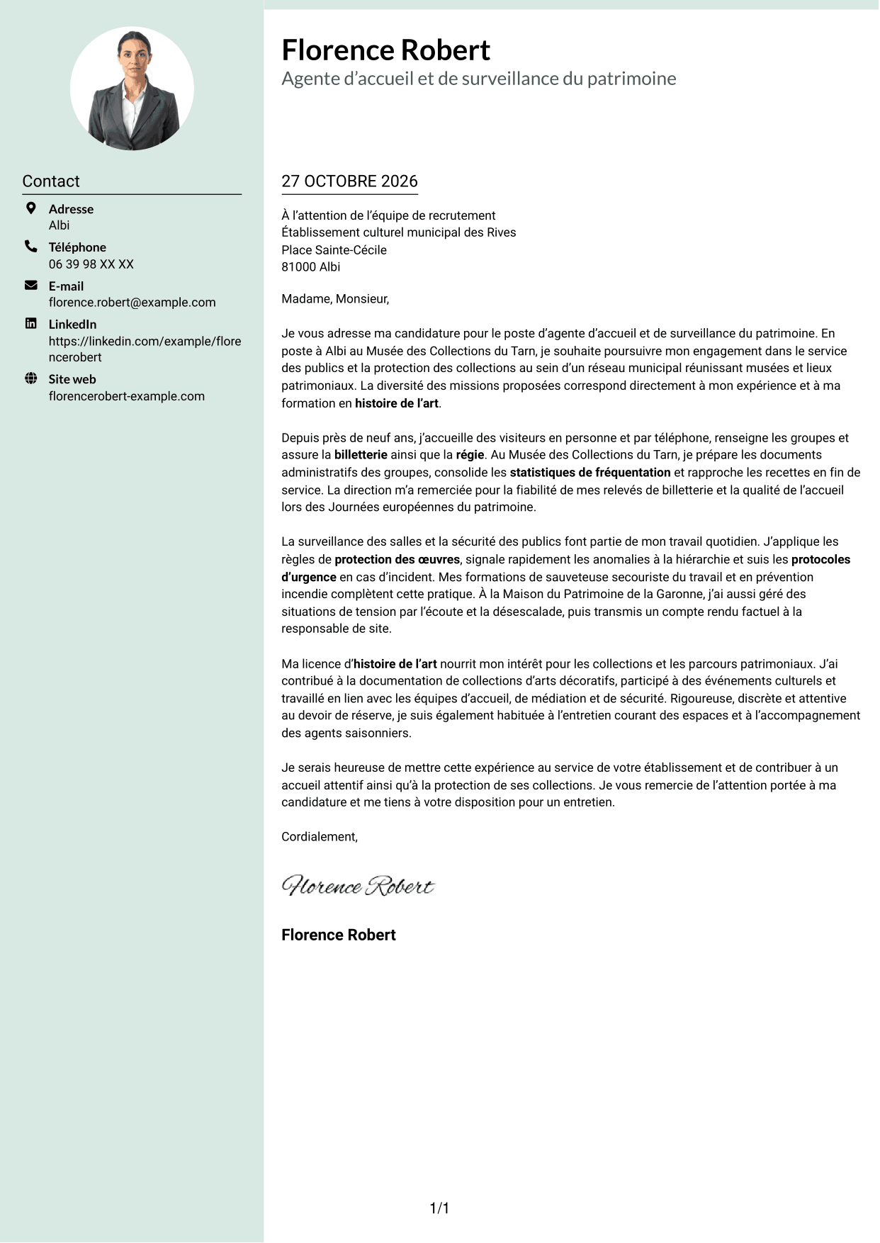 Lettre de motivation Cadre (format à colonne latérale douce avec photo arrondie) : Agent d’accueil et de surveillance du patrimoine, page 1