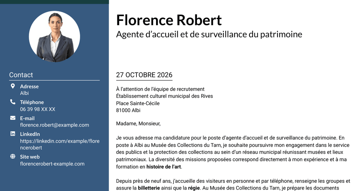 7 modèles de lettre de motivation pour Agent d’accueil et de surveillance du patrimoine, avec exemples