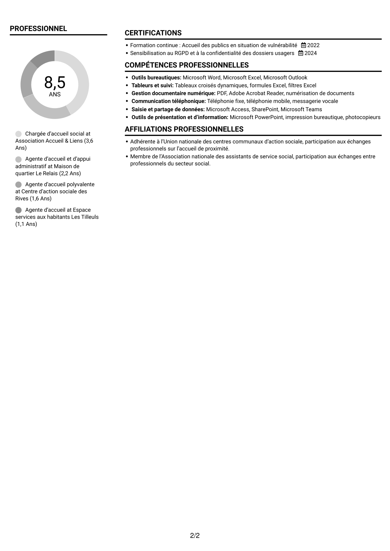 CV Compact (format sobre à deux colonnes avec photo) : Agent d’accueil social - Service social de proximité, page 2