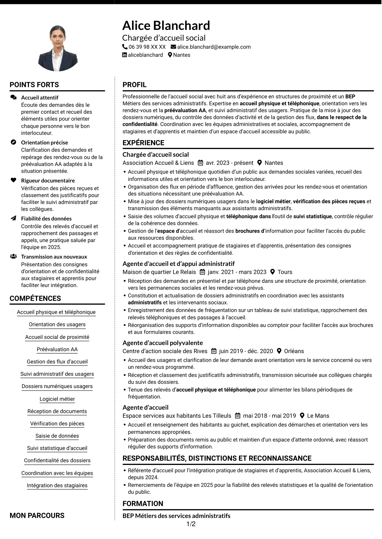 CV Moderne (format à deux colonnes avec photo à gauche et séparateur) : Agent d’accueil social - Service social de proximité, page 1