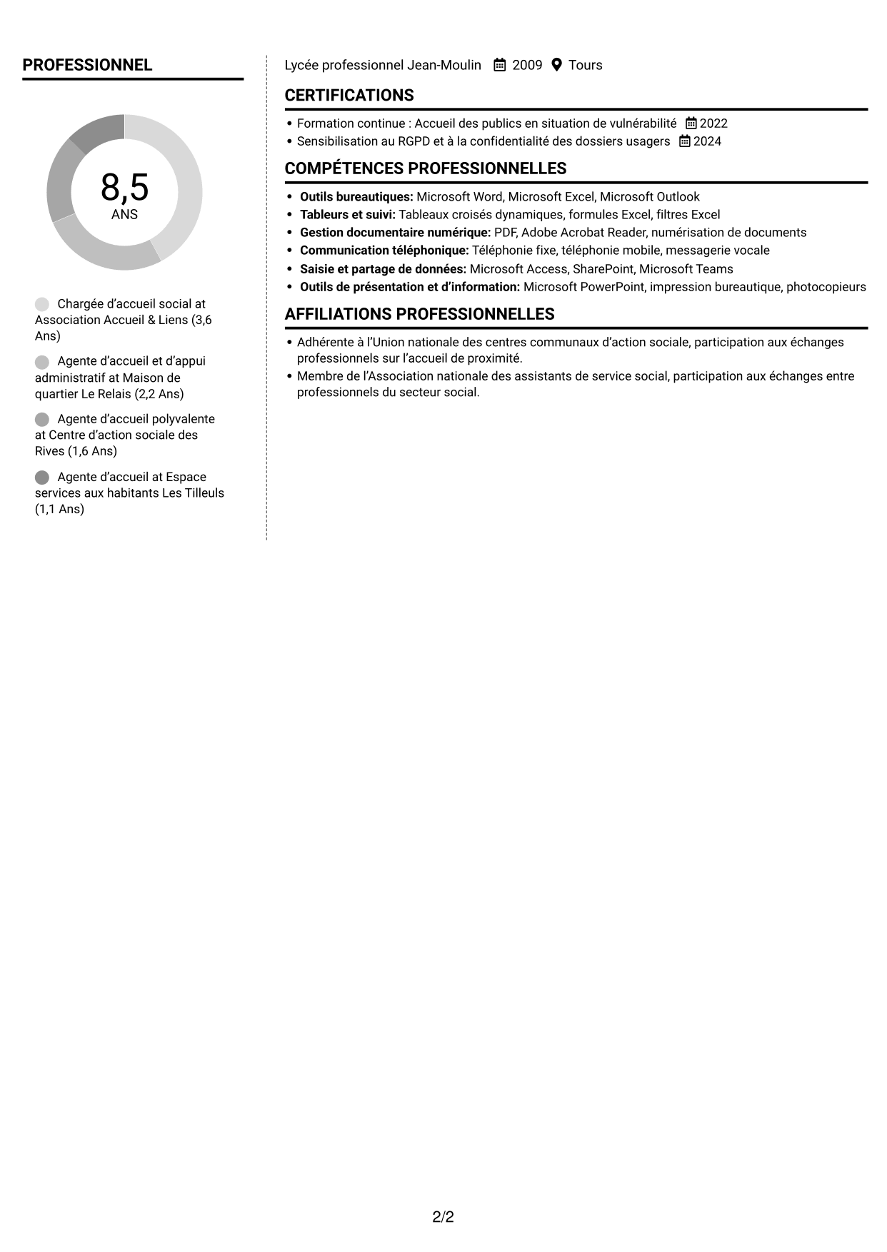 CV Moderne (format à deux colonnes avec photo à gauche et séparateur) : Agent d’accueil social - Service social de proximité, page 2