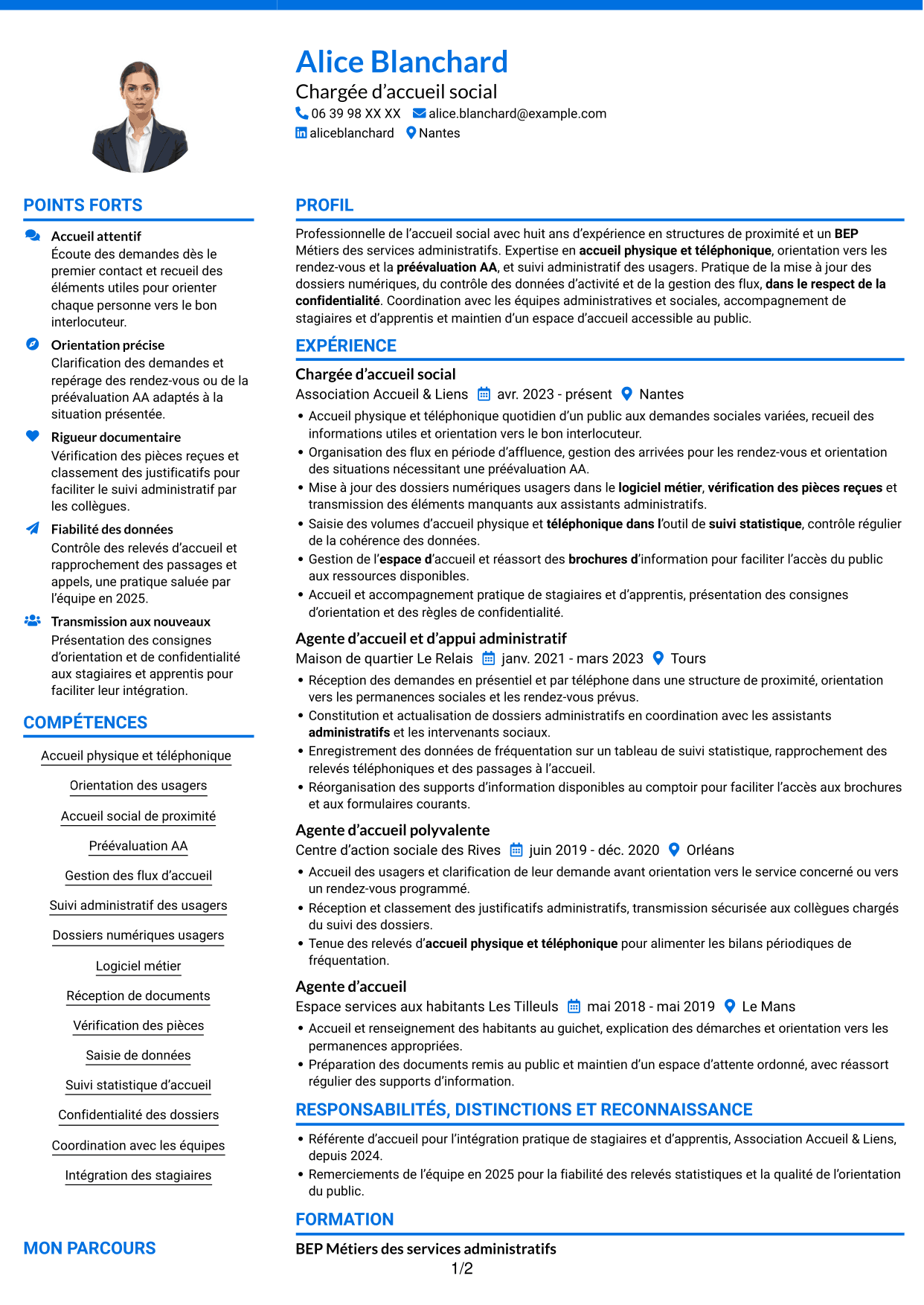 CV Audacieux (format à deux colonnes avec accents colorés et photo) : Agent d’accueil social - Service social de proximité, page 1