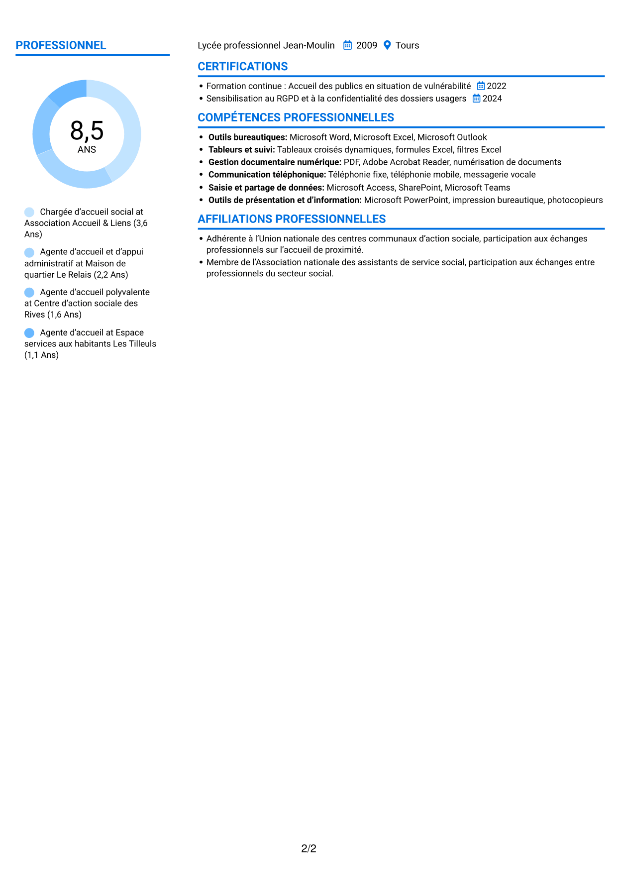 CV Audacieux (format à deux colonnes avec accents colorés et photo) : Agent d’accueil social - Service social de proximité, page 2