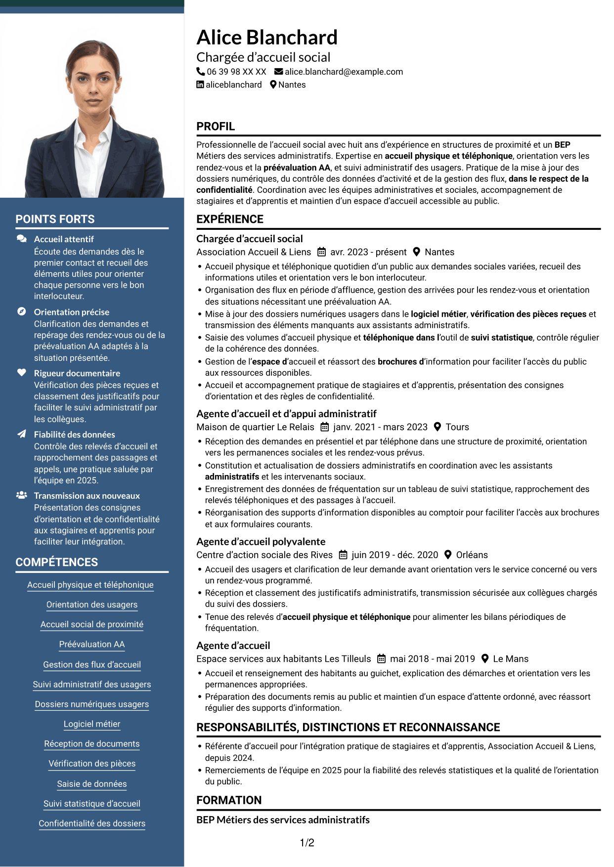 CV Signature (format à colonne latérale colorée avec grande photo) : Agent d’accueil social - Service social de proximité, page 1