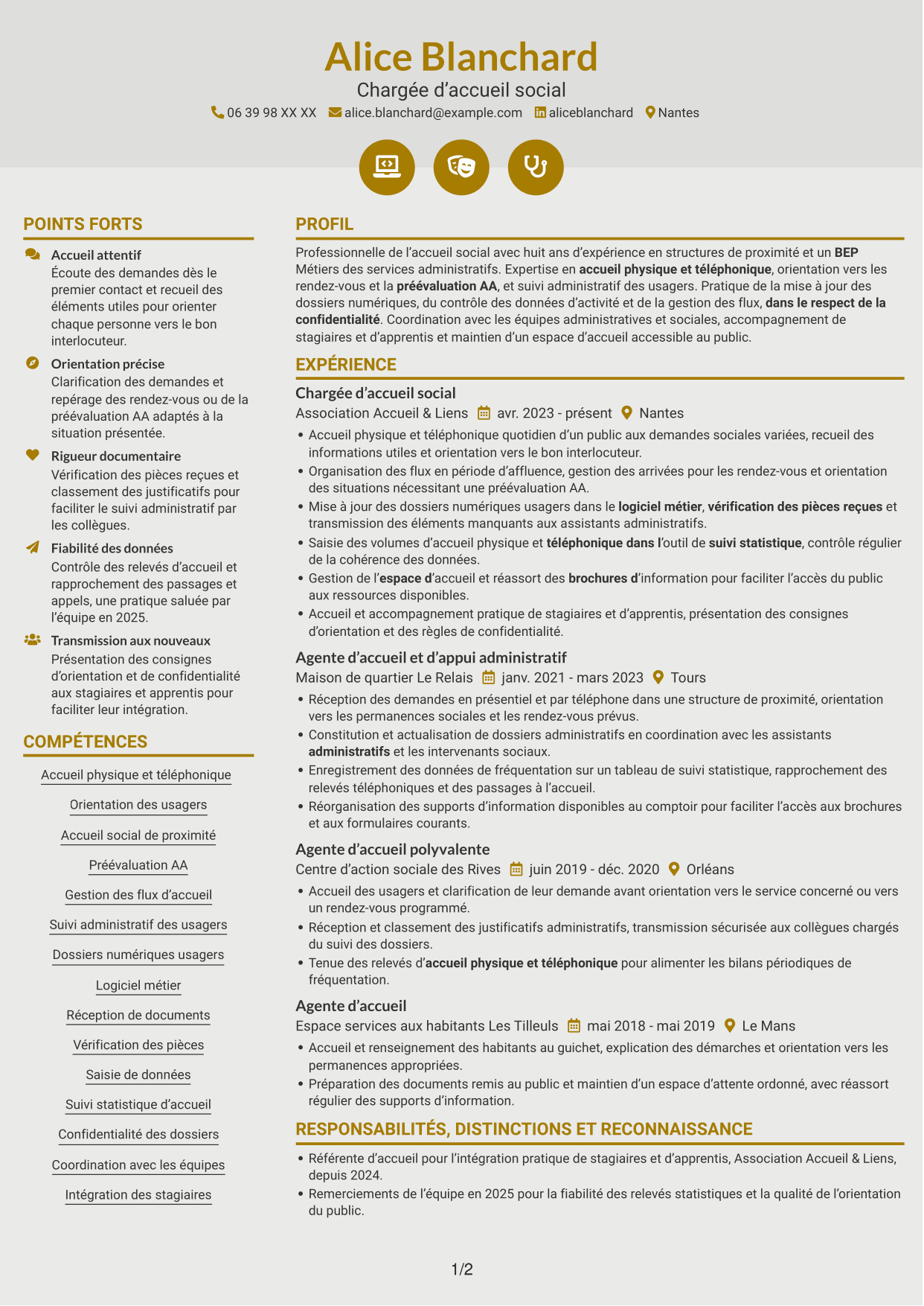 CV Dynamique (format à deux colonnes avec icônes) : Agent d’accueil social - Service social de proximité, page 1