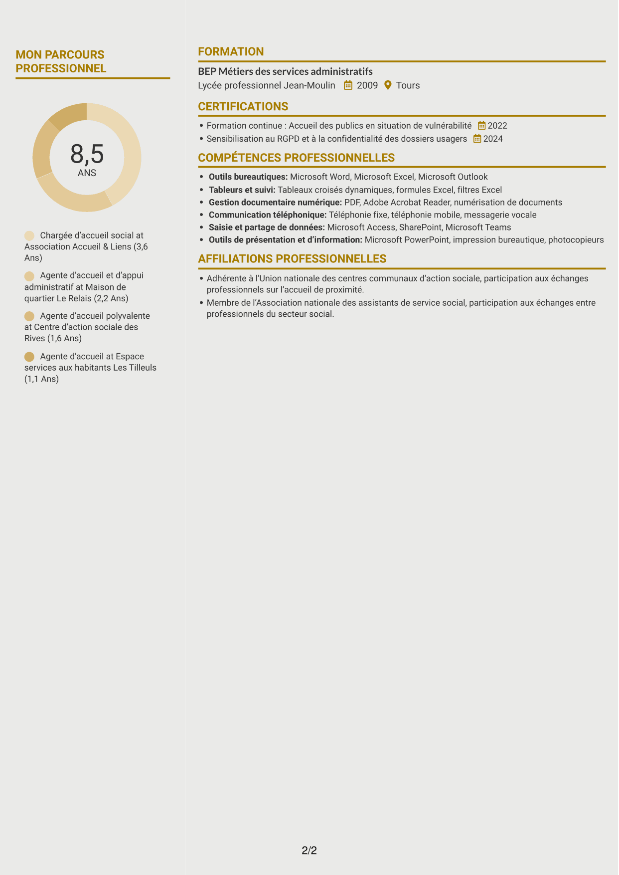 CV Dynamique (format à deux colonnes avec icônes) : Agent d’accueil social - Service social de proximité, page 2