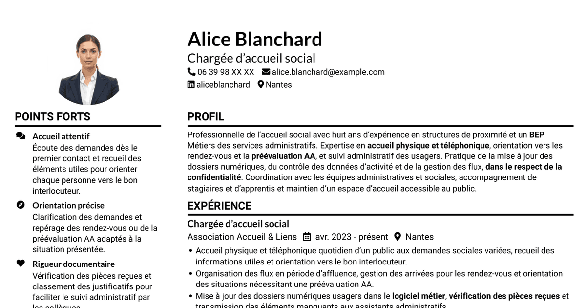 7 modèles de CV pour Agent d’accueil social - Service social de proximité, avec exemples