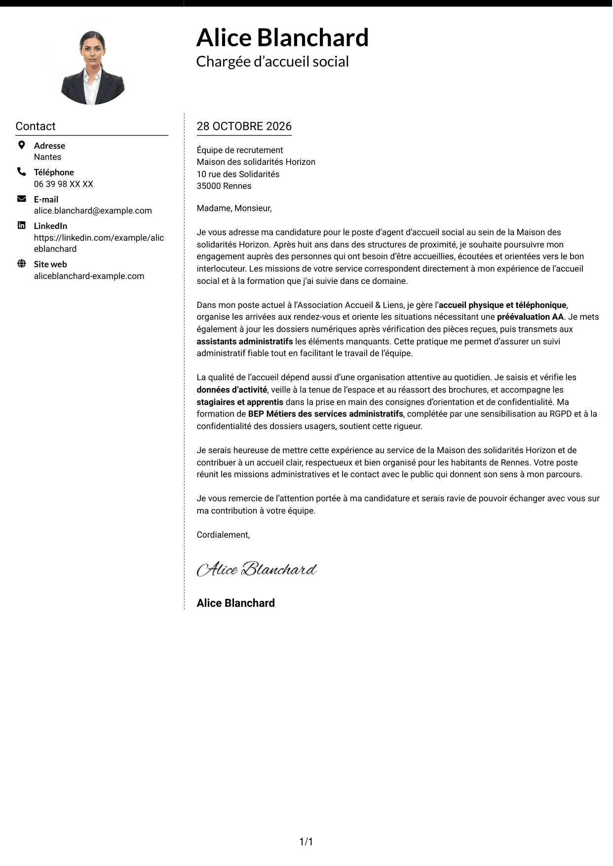 Lettre de motivation Moderne (format à deux colonnes avec photo à gauche et séparateur) : Agent d’accueil social - Service social de proximité, page 1