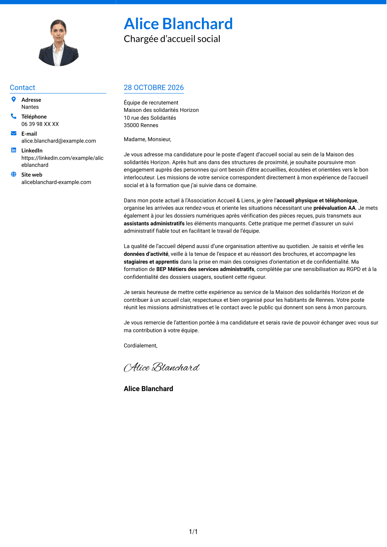 Lettre de motivation Audacieux (format à deux colonnes avec accents colorés et photo) : Agent d’accueil social - Service social de proximité, page 1