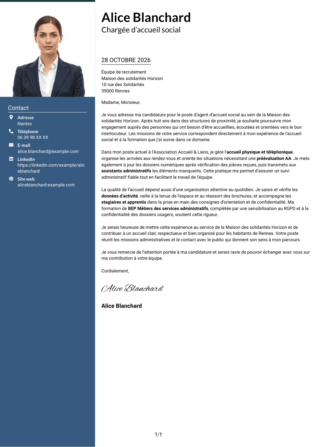 Lettre de motivation Signature (format à colonne latérale colorée avec grande photo) : Agent d’accueil social - Service social de proximité, page 1