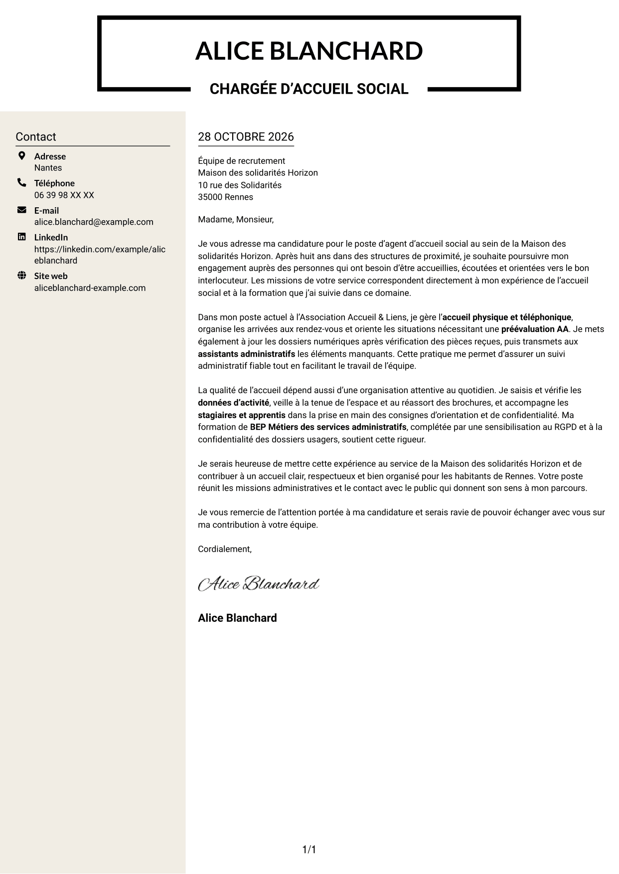 Lettre de motivation Fonceur (format à deux colonnes avec en-tête centré sans photo) : Agent d’accueil social - Service social de proximité, page 1
