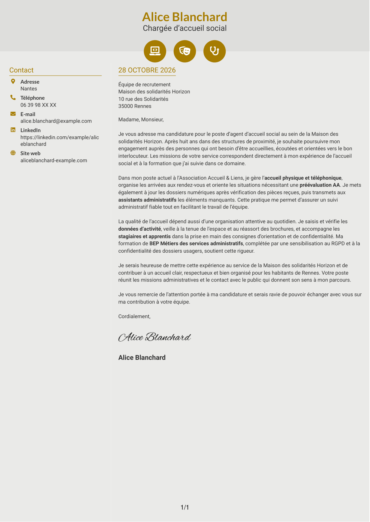 Lettre de motivation Dynamique (format à deux colonnes avec icônes) : Agent d’accueil social - Service social de proximité, page 1