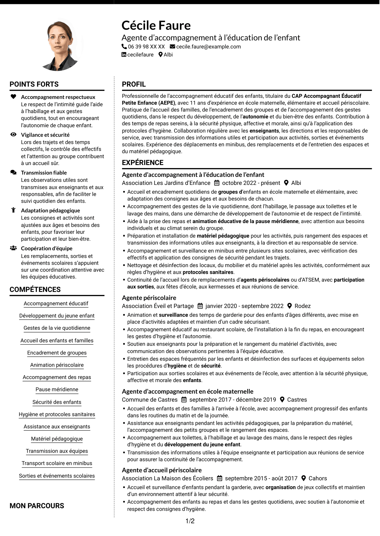 CV Moderne (format à deux colonnes avec photo à gauche et séparateur) : Agent d'accompagnement à l'éducation de l'enfant, page 1