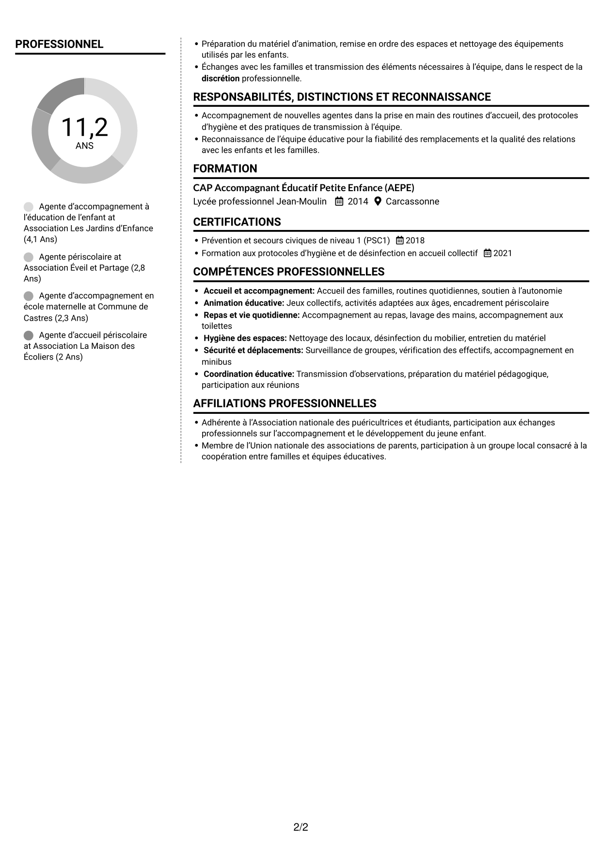 CV Moderne (format à deux colonnes avec photo à gauche et séparateur) : Agent d'accompagnement à l'éducation de l'enfant, page 2