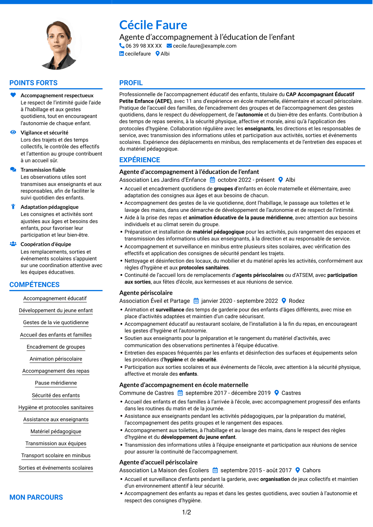 CV Audacieux (format à deux colonnes avec accents colorés et photo) : Agent d'accompagnement à l'éducation de l'enfant, page 1