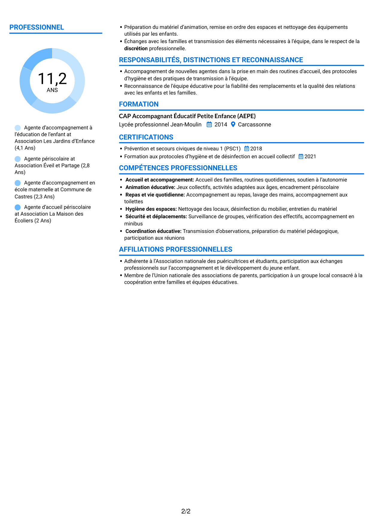 CV Audacieux (format à deux colonnes avec accents colorés et photo) : Agent d'accompagnement à l'éducation de l'enfant, page 2