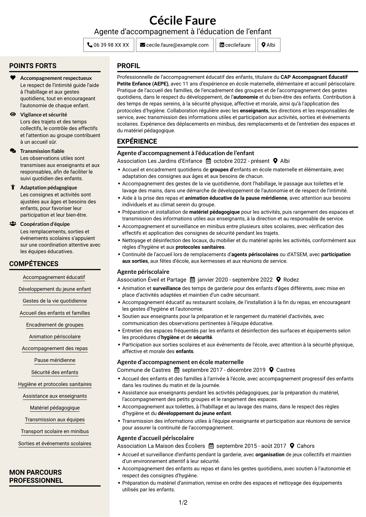 CV Fonceur (format à deux colonnes avec en-tête centré sans photo) : Agent d'accompagnement à l'éducation de l'enfant, page 1
