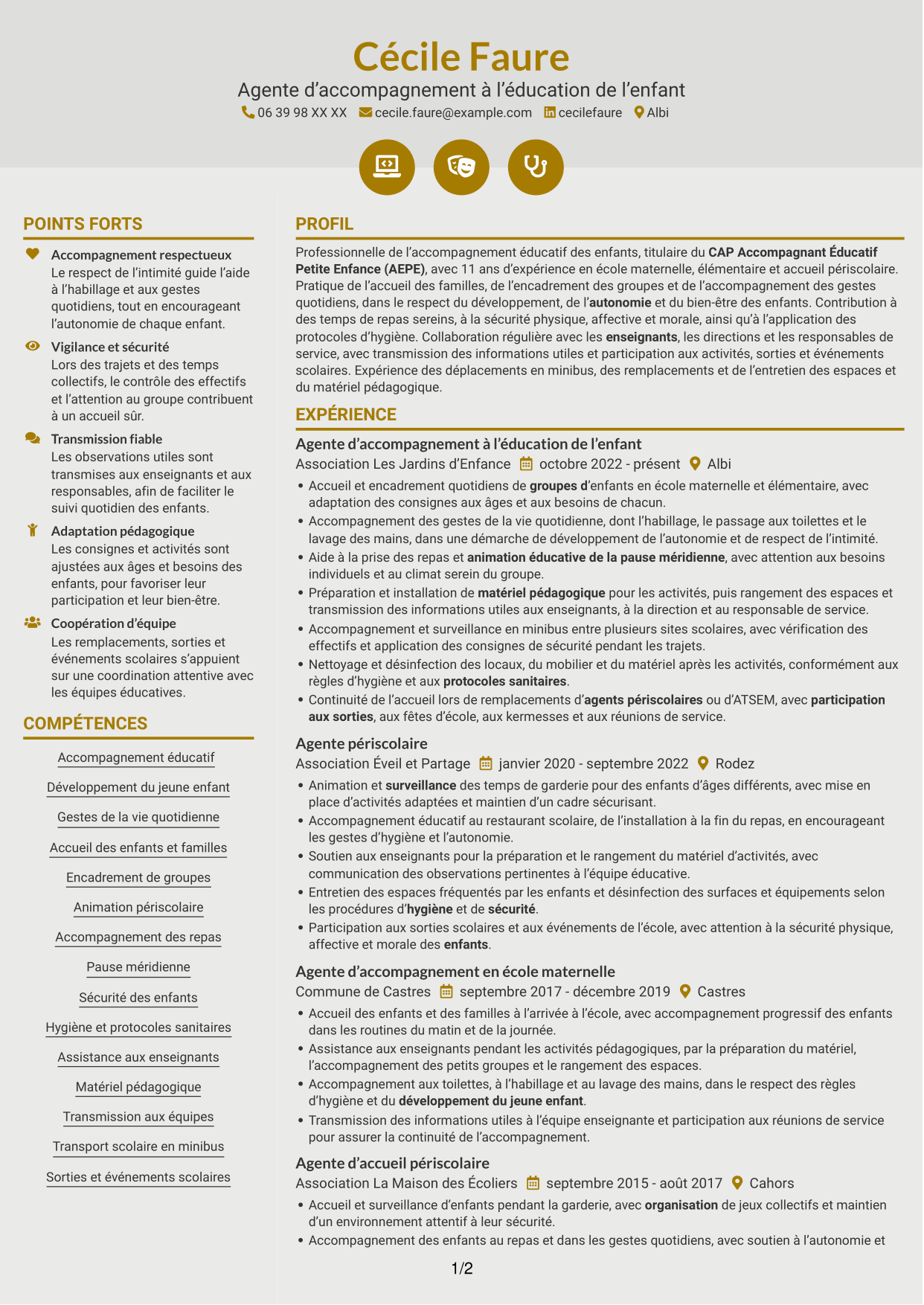CV Dynamique (format à deux colonnes avec icônes) : Agent d'accompagnement à l'éducation de l'enfant, page 1