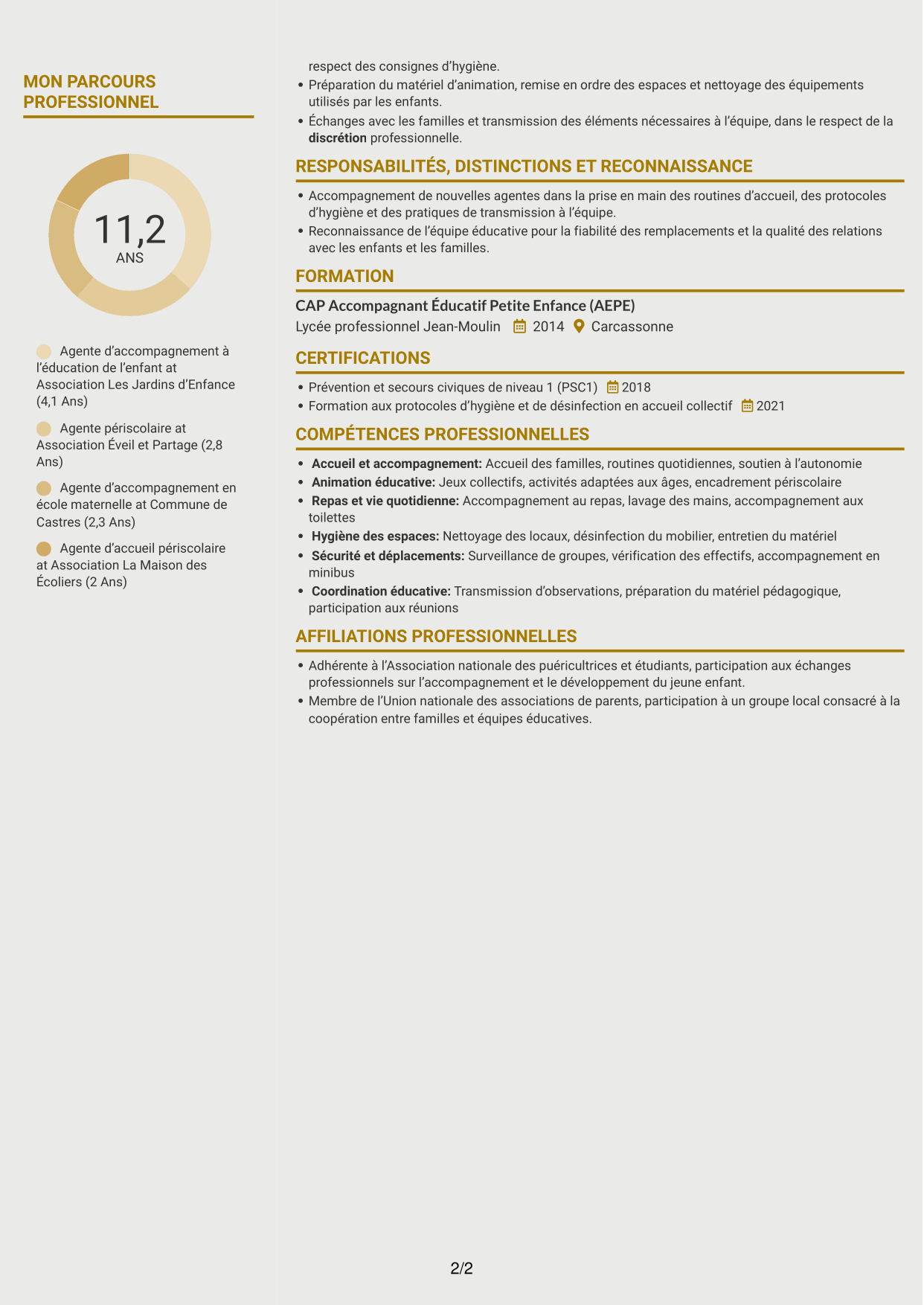 CV Dynamique (format à deux colonnes avec icônes) : Agent d'accompagnement à l'éducation de l'enfant, page 2