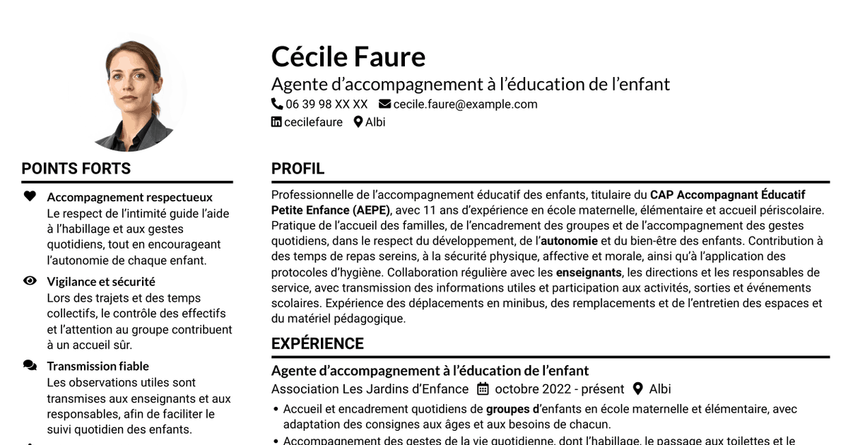 7 modèles de CV pour Agent d'accompagnement à l'éducation de l'enfant, avec exemples