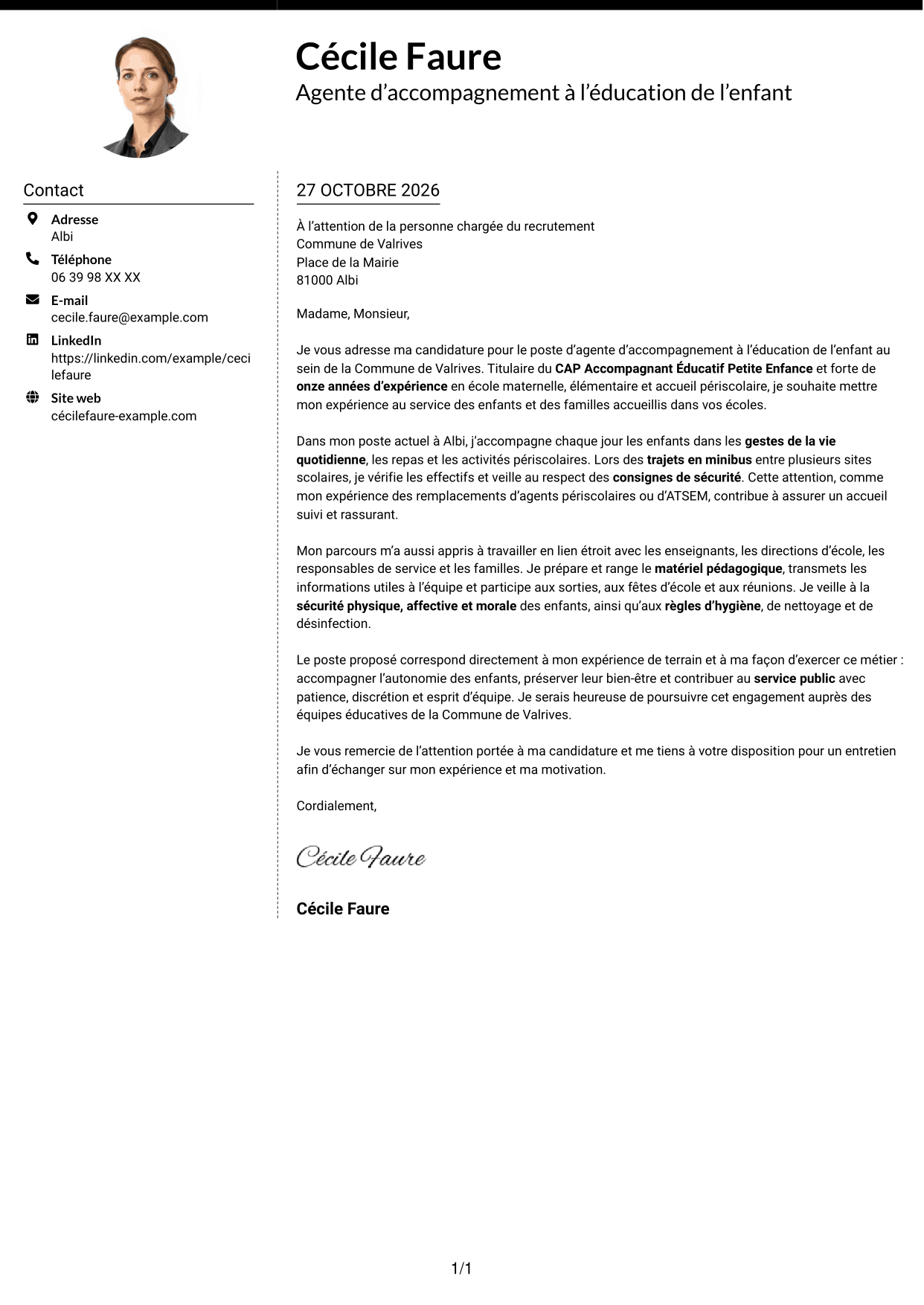 Lettre de motivation Moderne (format à deux colonnes avec photo à gauche et séparateur) : Agent d'accompagnement à l'éducation de l'enfant, page 1