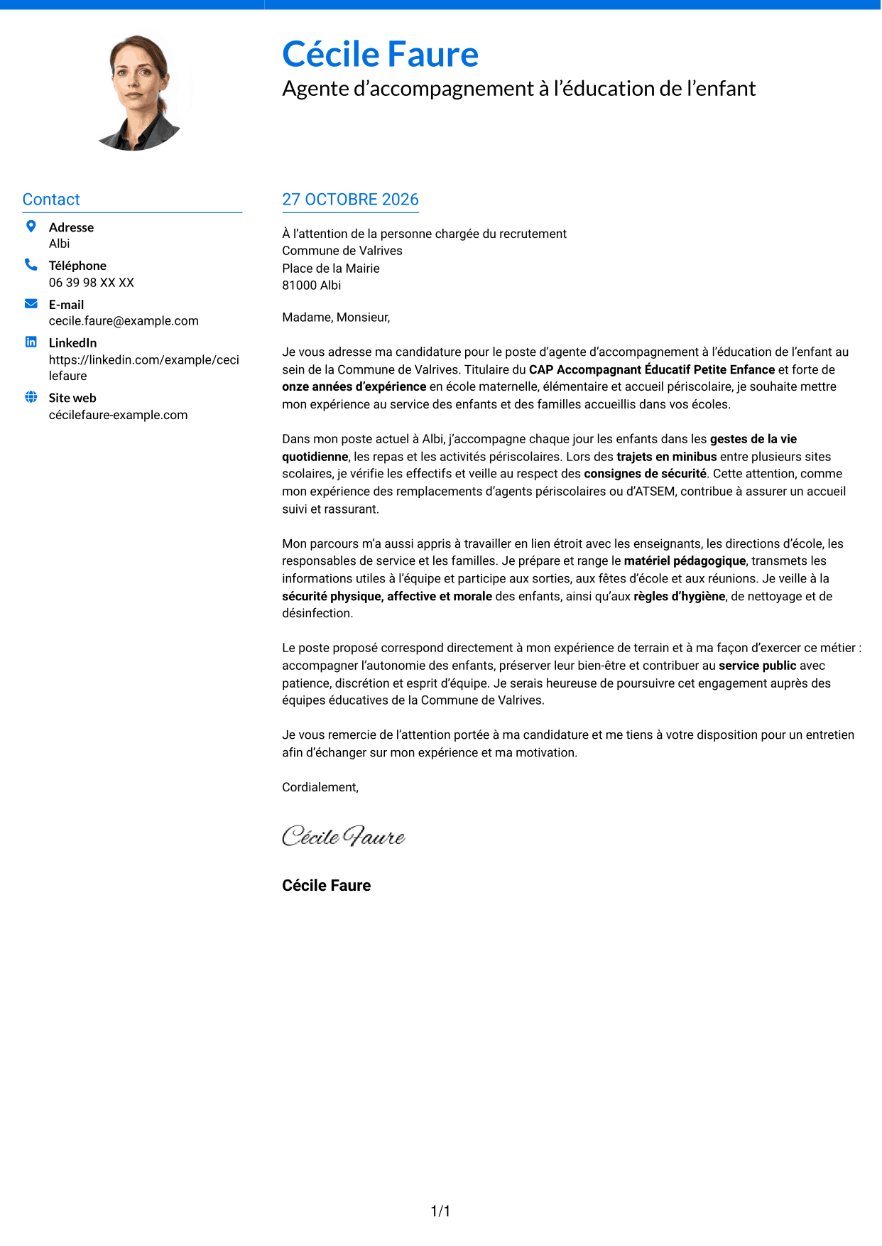 Lettre de motivation Audacieux (format à deux colonnes avec accents colorés et photo) : Agent d'accompagnement à l'éducation de l'enfant, page 1