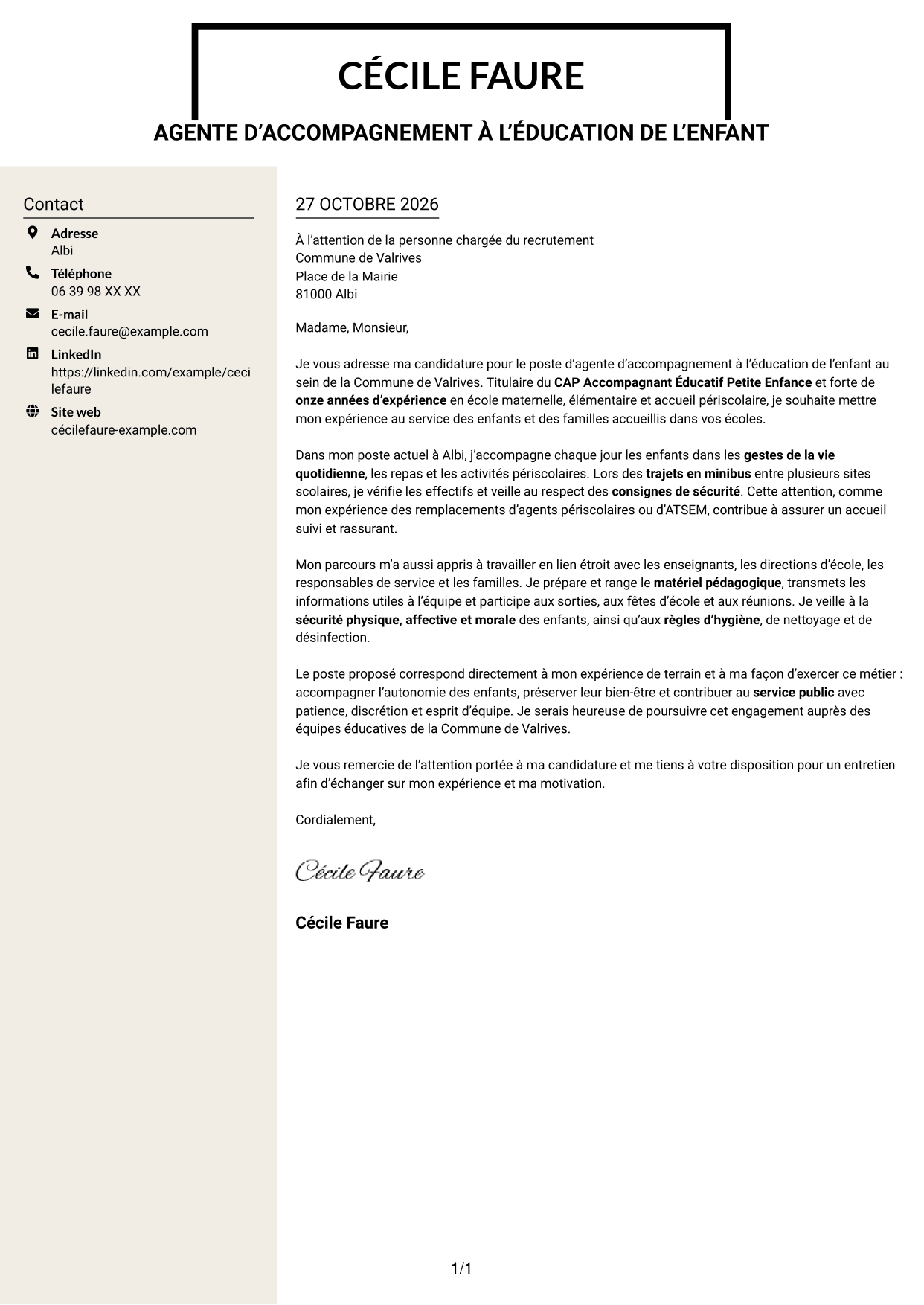 Lettre de motivation Fonceur (format à deux colonnes avec en-tête centré sans photo) : Agent d'accompagnement à l'éducation de l'enfant, page 1