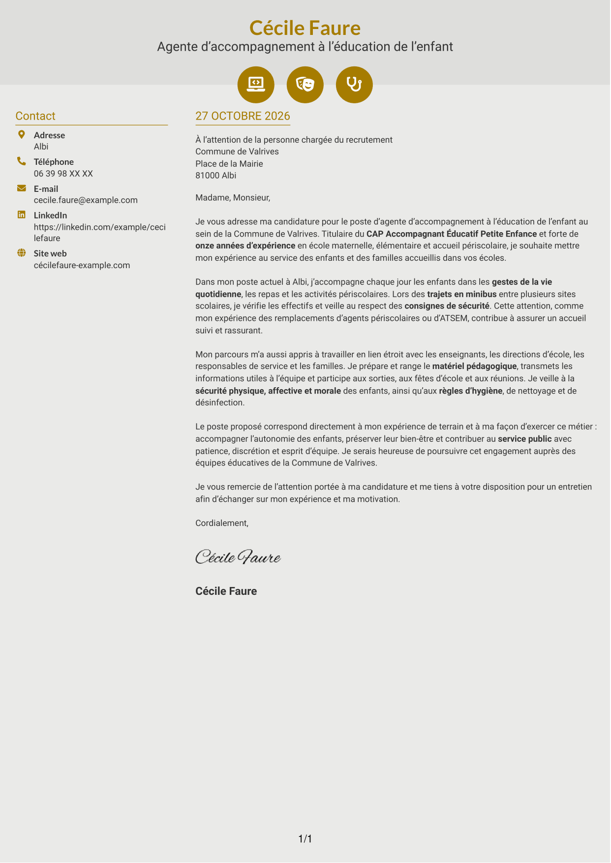 Lettre de motivation Dynamique (format à deux colonnes avec icônes) : Agent d'accompagnement à l'éducation de l'enfant, page 1