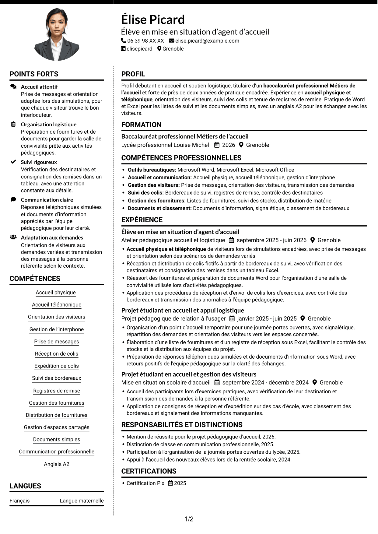 CV Moderne (format à deux colonnes avec photo à gauche et séparateur) : Agent d'accueil - Support logistique, page 1