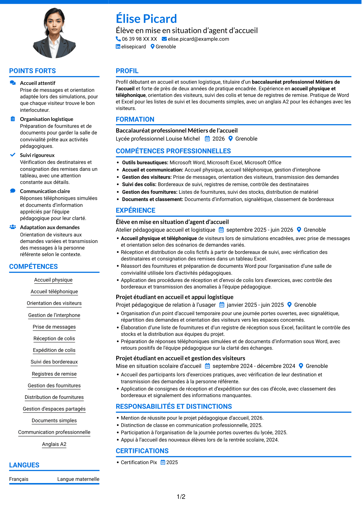 CV Audacieux (format à deux colonnes avec accents colorés et photo) : Agent d'accueil - Support logistique, page 1