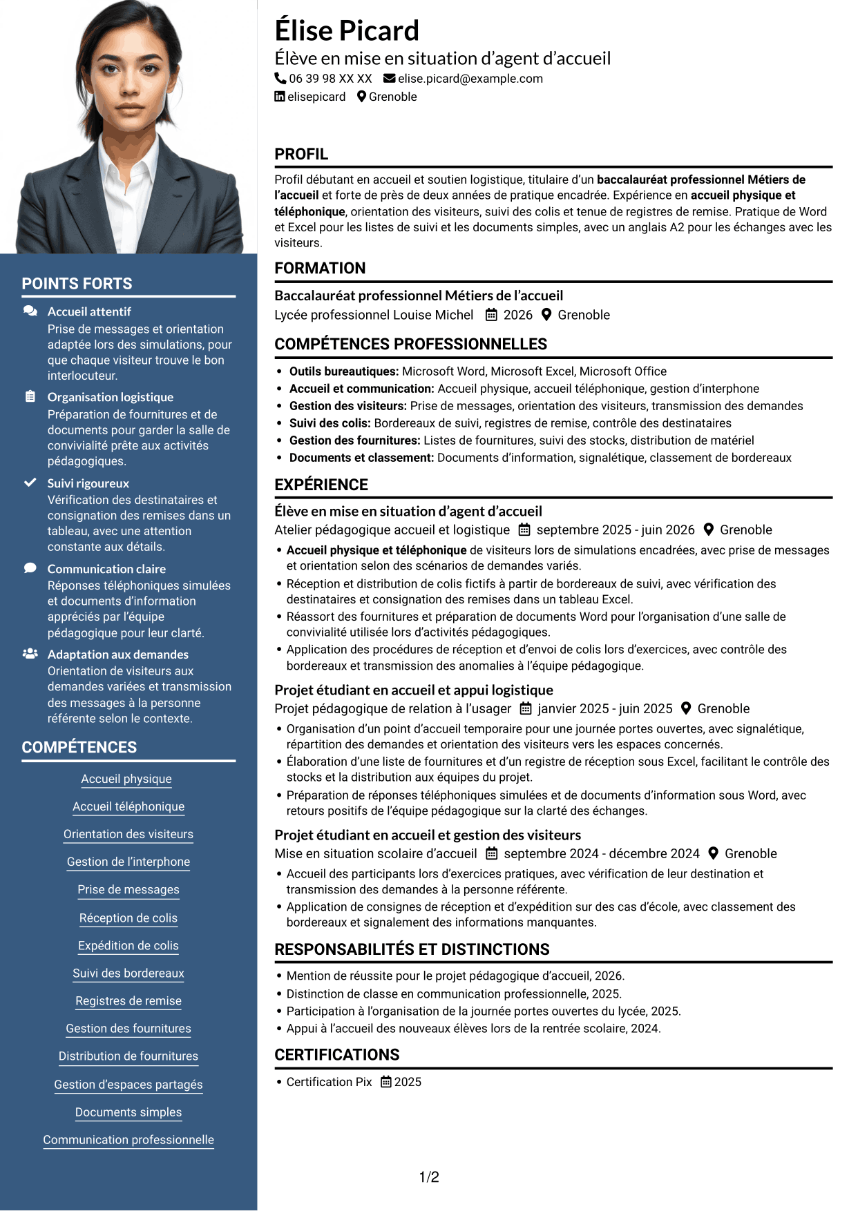 CV Signature (format à colonne latérale colorée avec grande photo) : Agent d'accueil - Support logistique, page 1