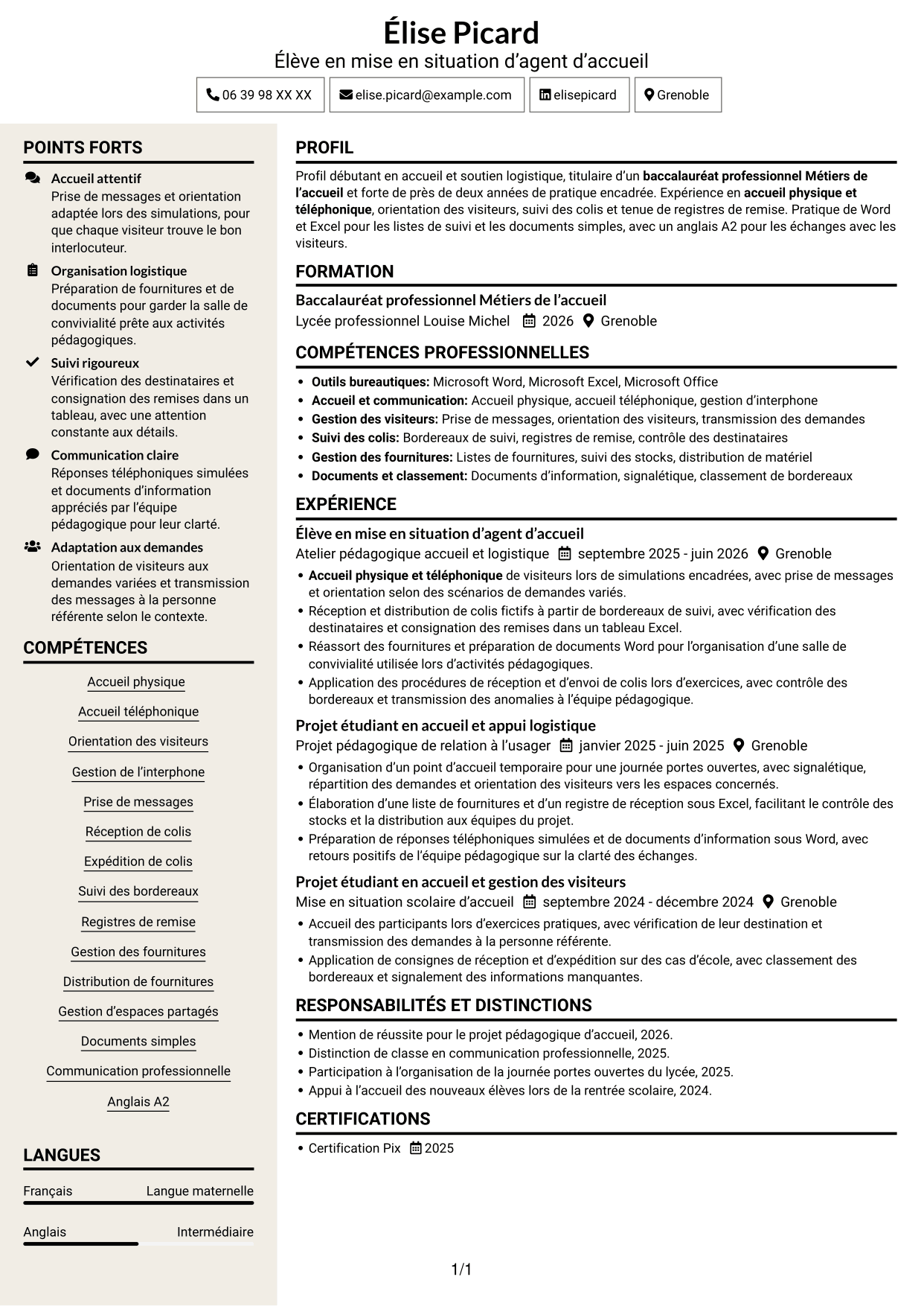CV Fonceur (format à deux colonnes avec en-tête centré sans photo) : Agent d'accueil - Support logistique, page 1