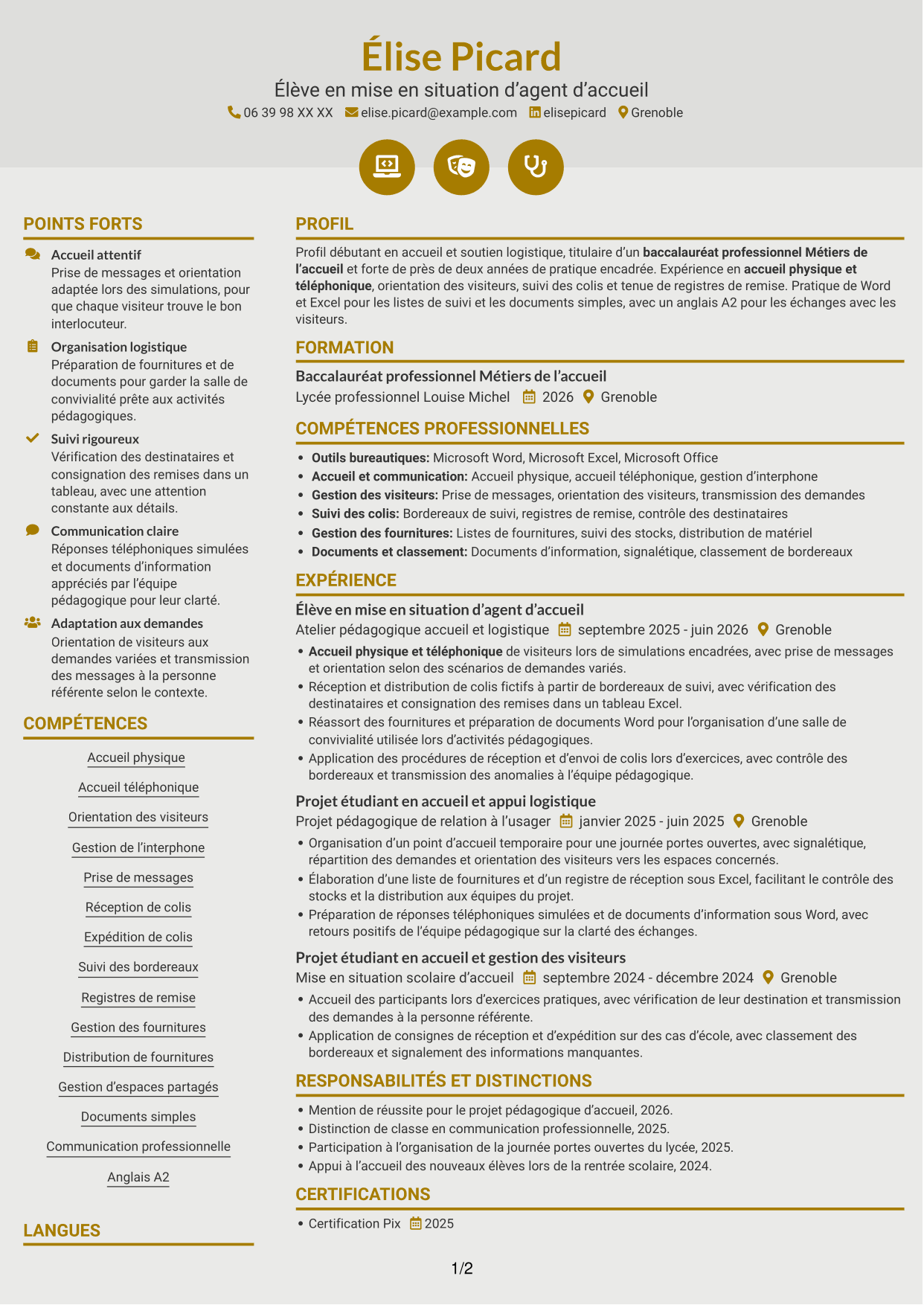 CV Dynamique (format à deux colonnes avec icônes) : Agent d'accueil - Support logistique, page 1