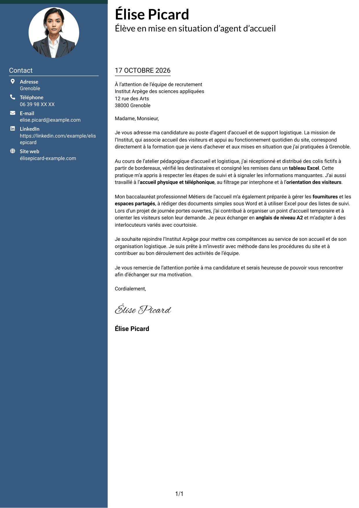 Lettre de motivation Élégant (format à colonne latérale colorée avec photo) : Agent d'accueil - Support logistique, page 1