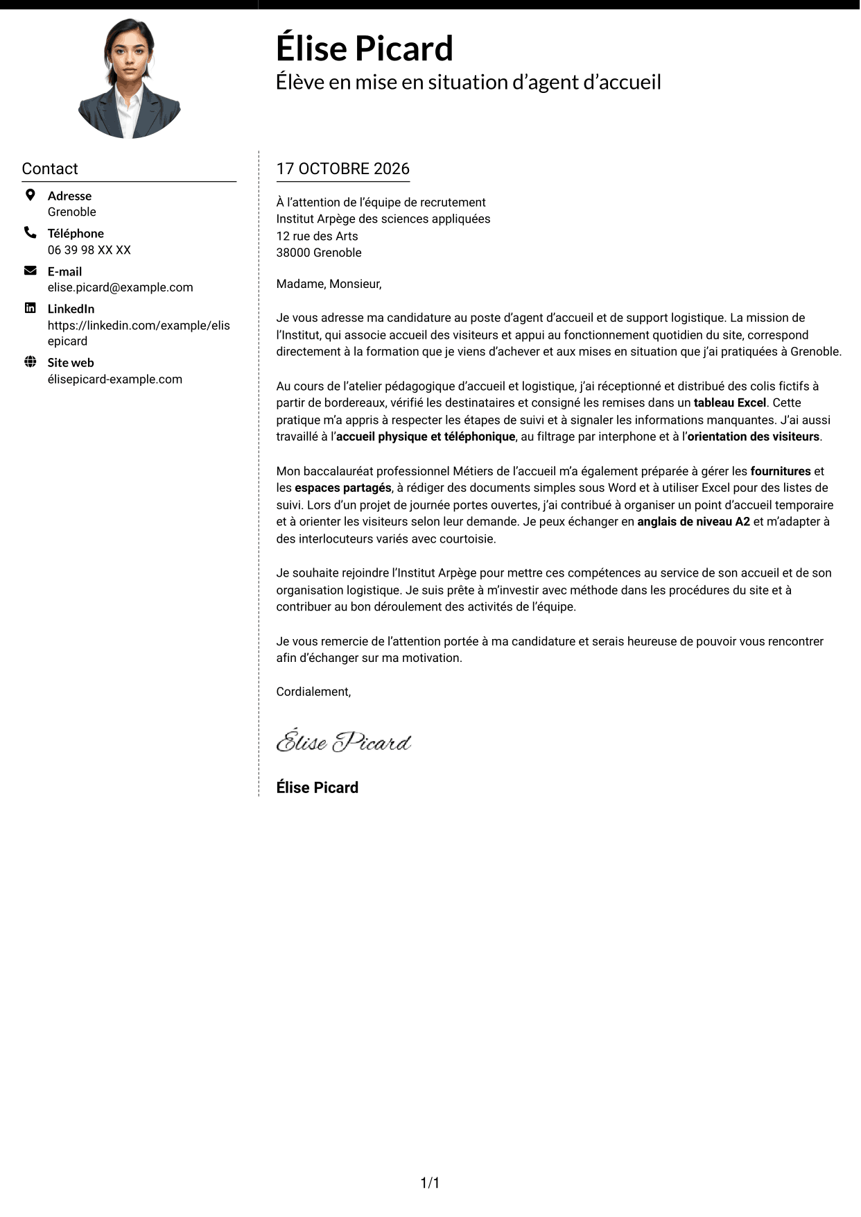 Lettre de motivation Moderne (format à deux colonnes avec photo à gauche et séparateur) : Agent d'accueil - Support logistique, page 1