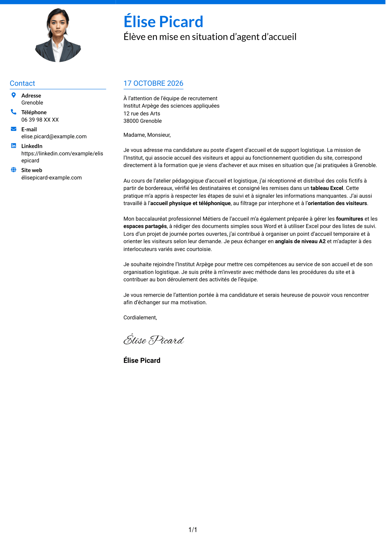 Lettre de motivation Audacieux (format à deux colonnes avec accents colorés et photo) : Agent d'accueil - Support logistique, page 1