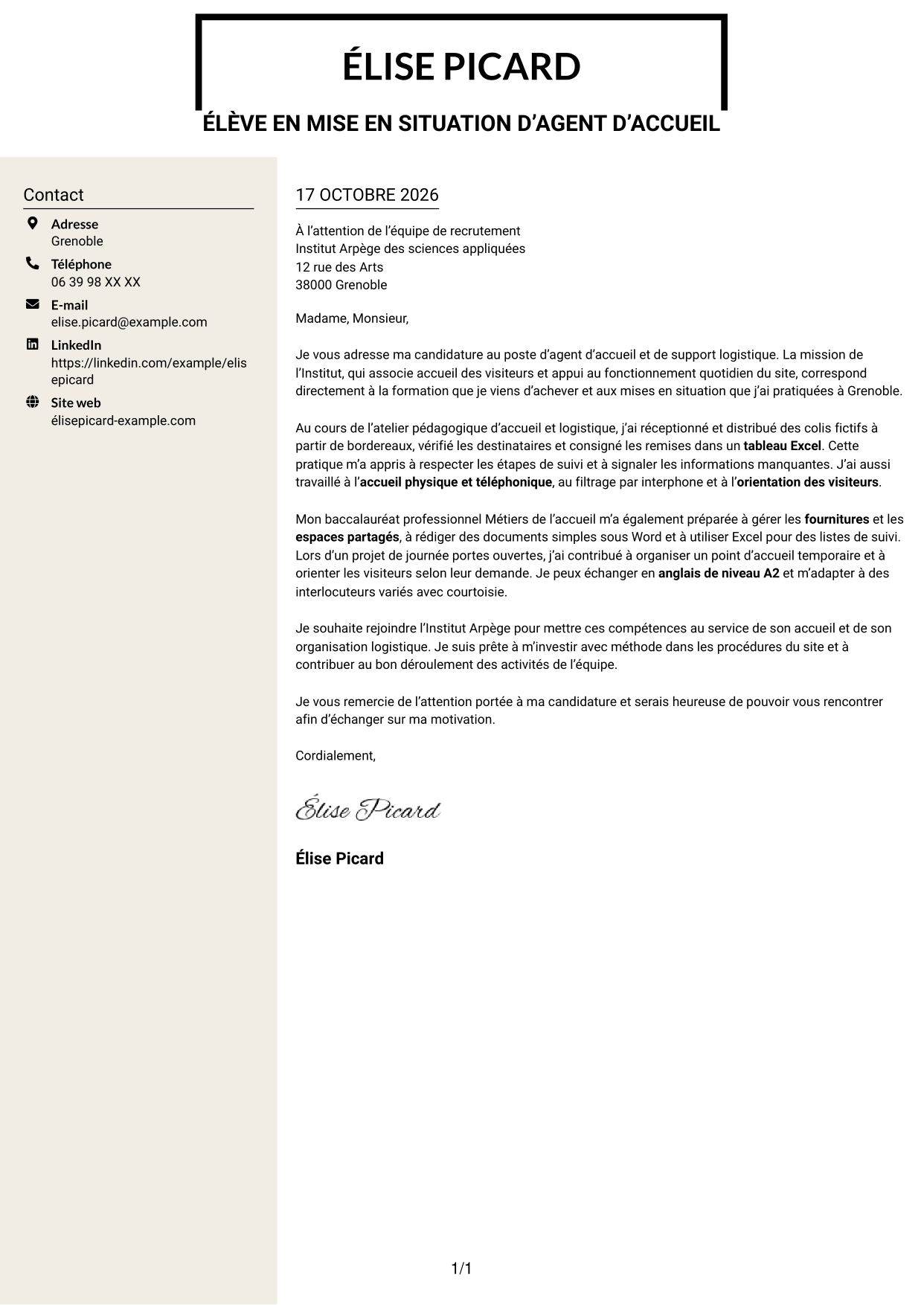 Lettre de motivation Fonceur (format à deux colonnes avec en-tête centré sans photo) : Agent d'accueil - Support logistique, page 1