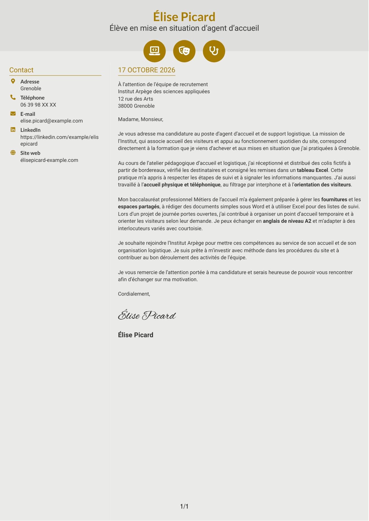 Lettre de motivation Dynamique (format à deux colonnes avec icônes) : Agent d'accueil - Support logistique, page 1