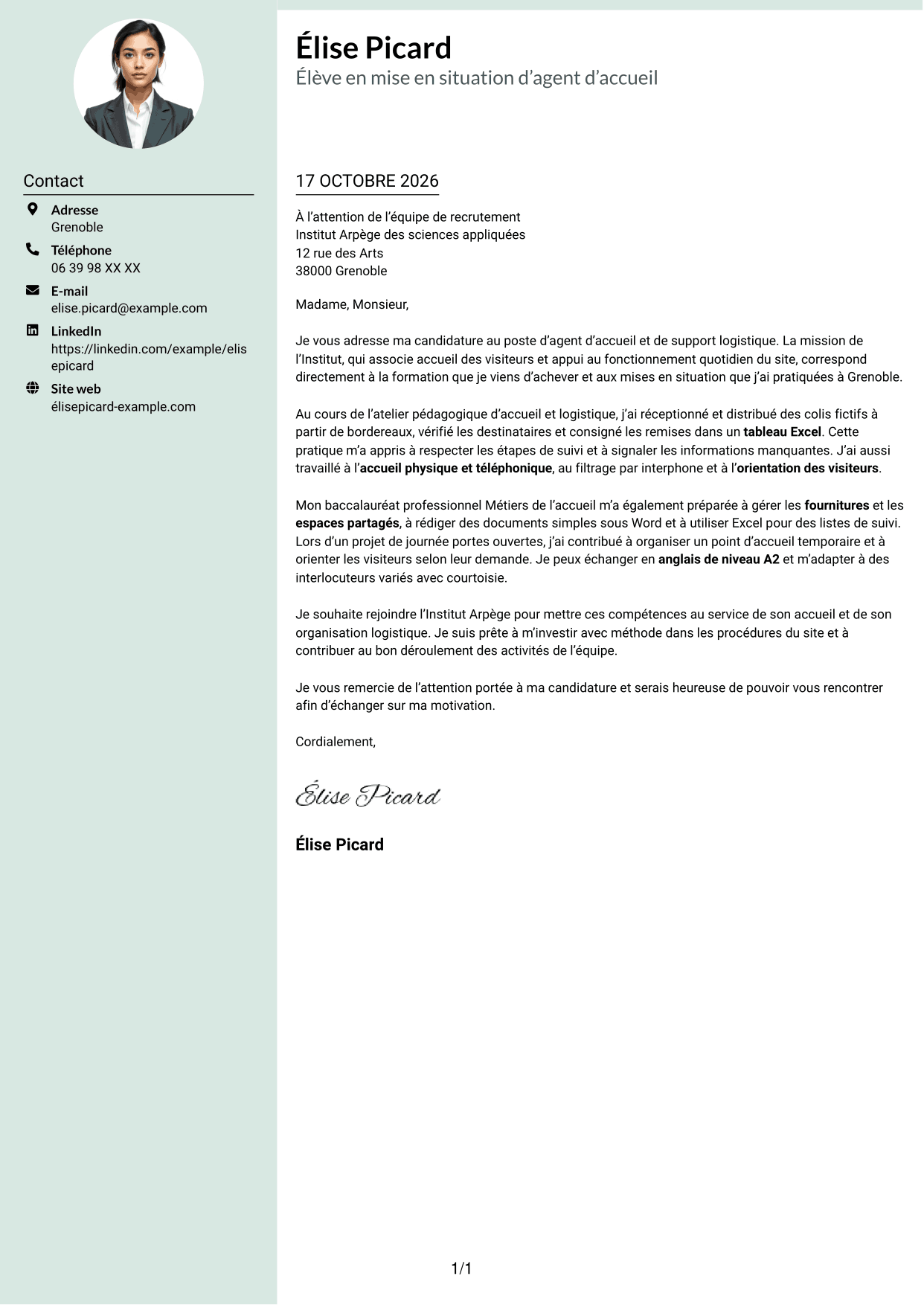 Lettre de motivation Cadre (format à colonne latérale douce avec photo arrondie) : Agent d'accueil - Support logistique, page 1
