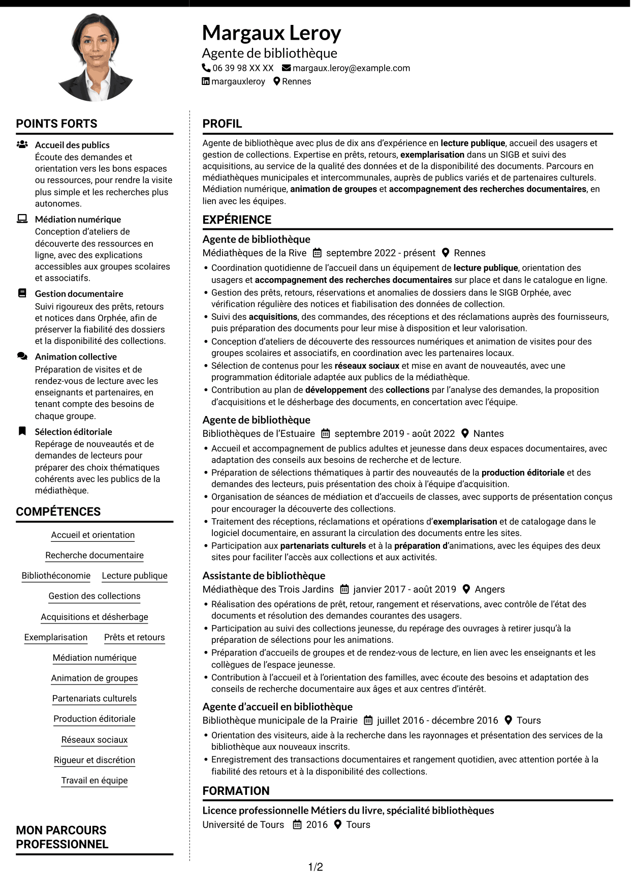 CV Moderne (format à deux colonnes avec photo à gauche et séparateur) : Agent de bibliothèque - Médiation numérique et collections, page 1