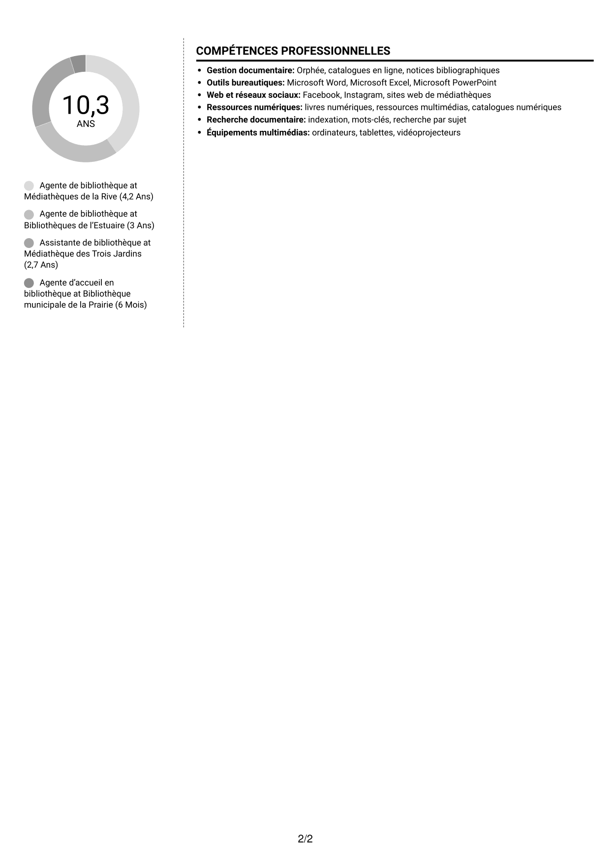 CV Moderne (format à deux colonnes avec photo à gauche et séparateur) : Agent de bibliothèque - Médiation numérique et collections, page 2