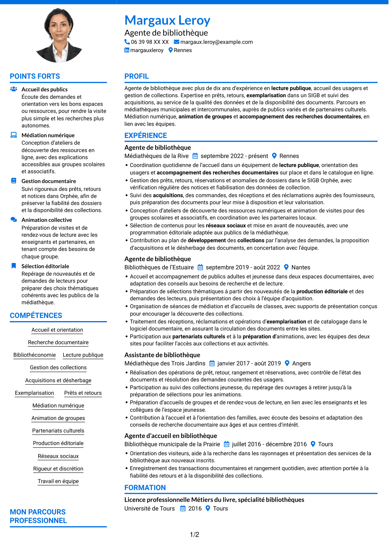 CV Audacieux (format à deux colonnes avec accents colorés et photo) : Agent de bibliothèque - Médiation numérique et collections, page 1